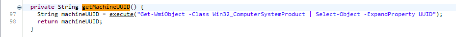 Java code snippet showing the getMachineUUID method, which retrieves the machine's UUID. The method executes a PowerShell command, 'Get-WmiObject -Class Win32_ComputerSystemProduct | Select-Object -ExpandProperty UUID', and assigns the result to the machineUUID variable before returning it