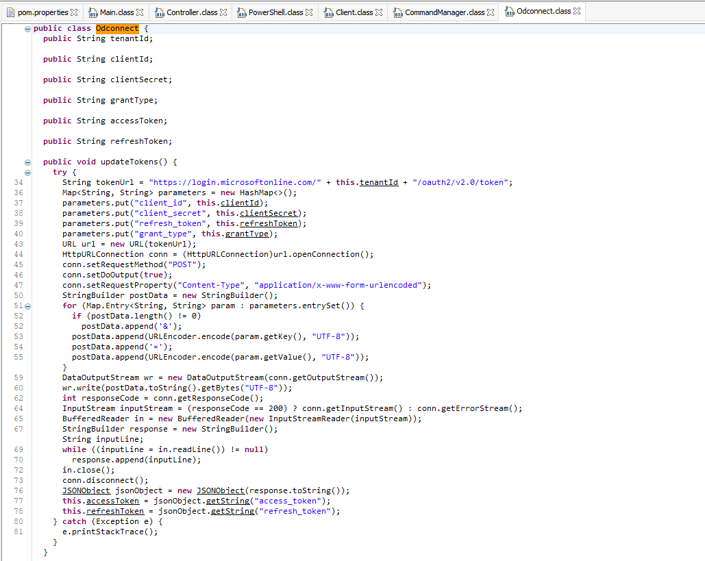 Java code snippet showing the updateTokens method in the Odconnect class