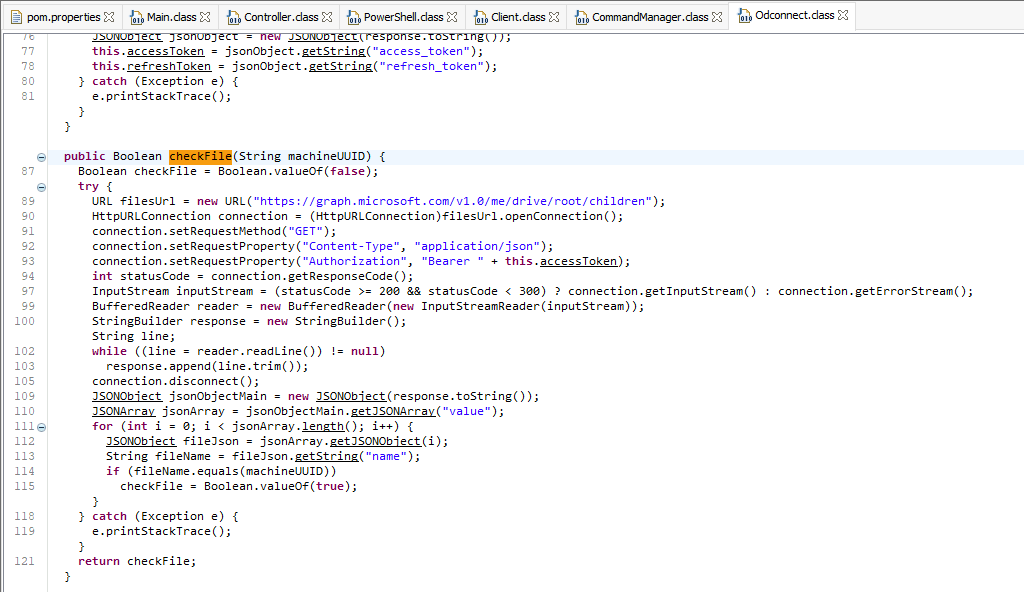 Java code snippet showing the checkFile method in the Odconnect class. This method checks for the existence of a file in OneDrive by using Microsoft Graph API to list files in the root directory