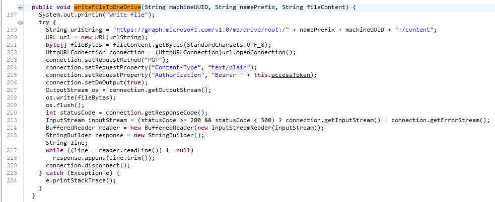 Java code snippet showing the writeFileToOneDrive method in the Odconnect class. This method uploads a file to OneDrive by sending a PUT request to the Microsoft Graph API