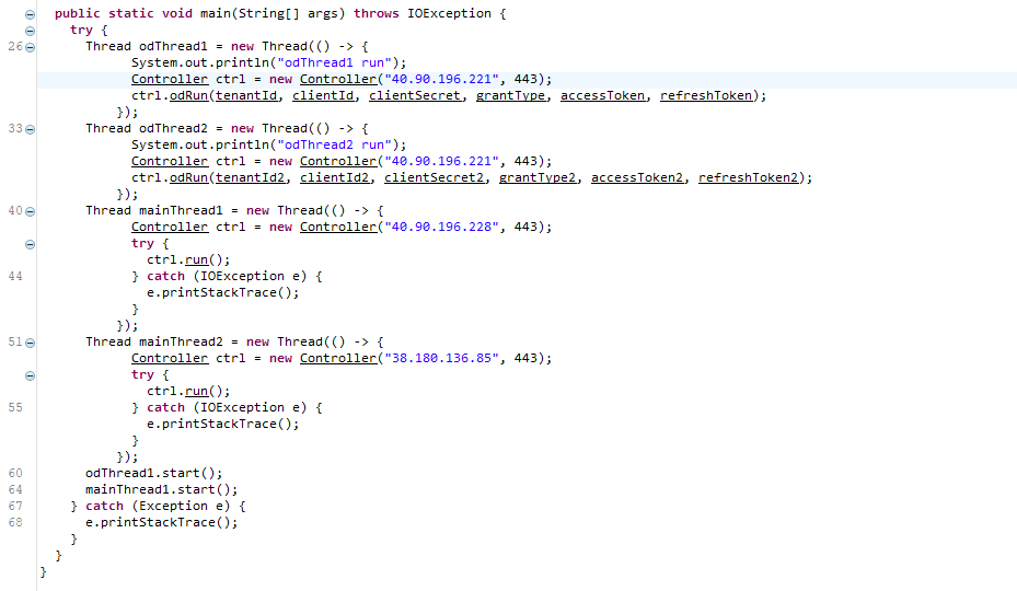 Java code snippet showing the main method in a decompiled Java class, with multiple threads (odThread1, odThread2, mainThread1, mainThread2) initializing Controller objects