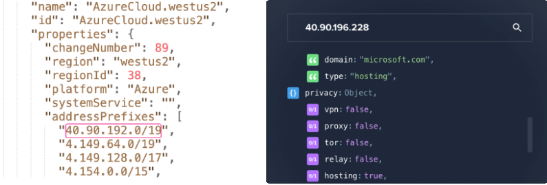 The IP lookup on the right provides details for IP '40.90.196.228', associated with 'microsoft.com' under 'hosting' type, with no VPN, proxy, tor, or relay flags enabled