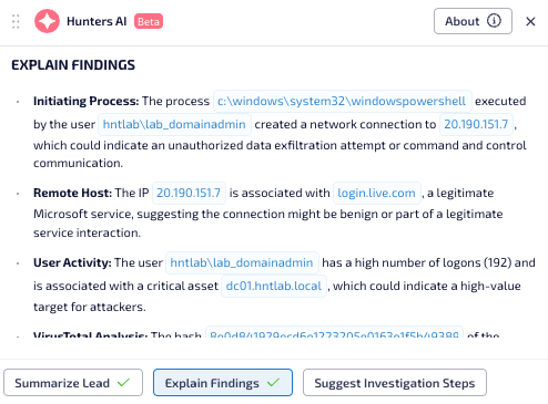 Screenshot of Explain Findings functionality from Hunters AI-assisted investigation within Hunters Next-Gen SIEM, detailing the process that was executed, by how, and where - providing additional information for the investigation.