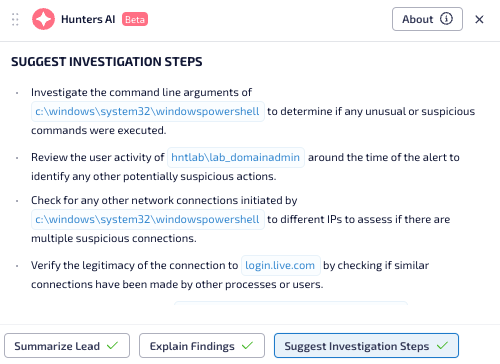 Screenshot of Suggest Investigation Steps functionality from Hunters AI-assisted investigation within Hunters Next-Gen SIEM, guiding analysts on recommended next steps to execute an investigation, removing complexity.