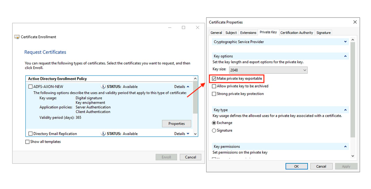 Vulnerable certificate settings in the AD CS 